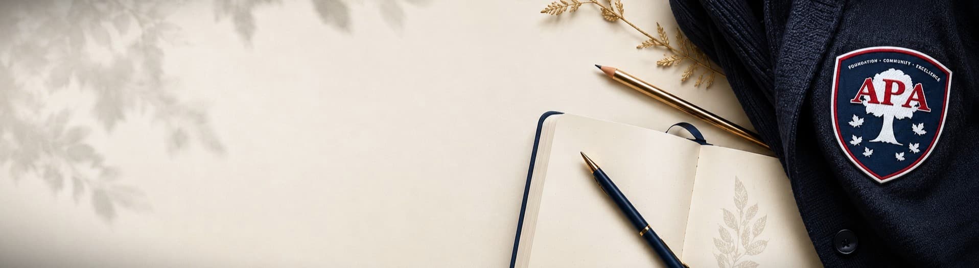 APA crest, notebook, pen, and school materials on cream background